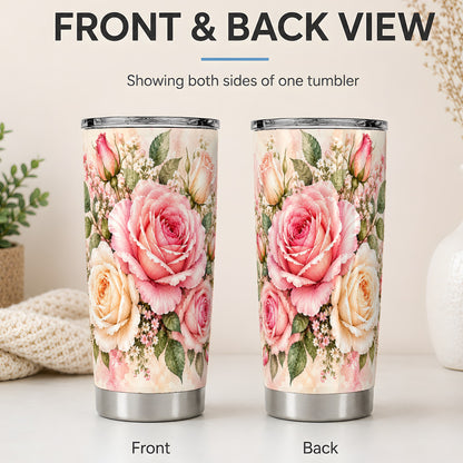 #pl[20oz|Steel] Pink Rose Floral Tumbler, 20oz Tumbler with Soft Watercolor Artwork