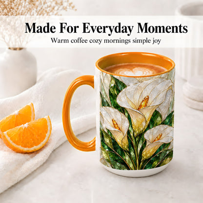 #pl[15oz|Orange] Calla Lily Floral Ceramic Mug, Stained Glass Style Botanical Art