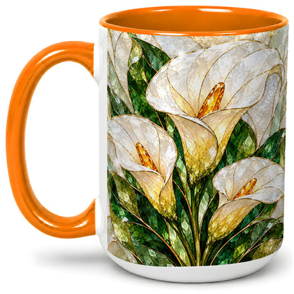 #pl[15oz|Orange] Calla Lily Floral Ceramic Mug, Stained Glass Style Botanical Art