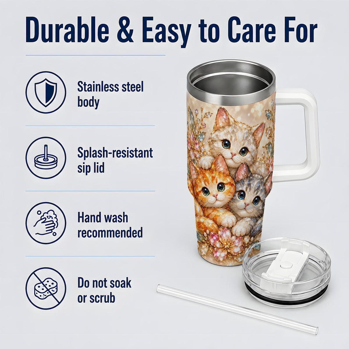 Faceted Cat Floral 40oz Tumbler, Large Decorative Drinkware for Cat Lovers