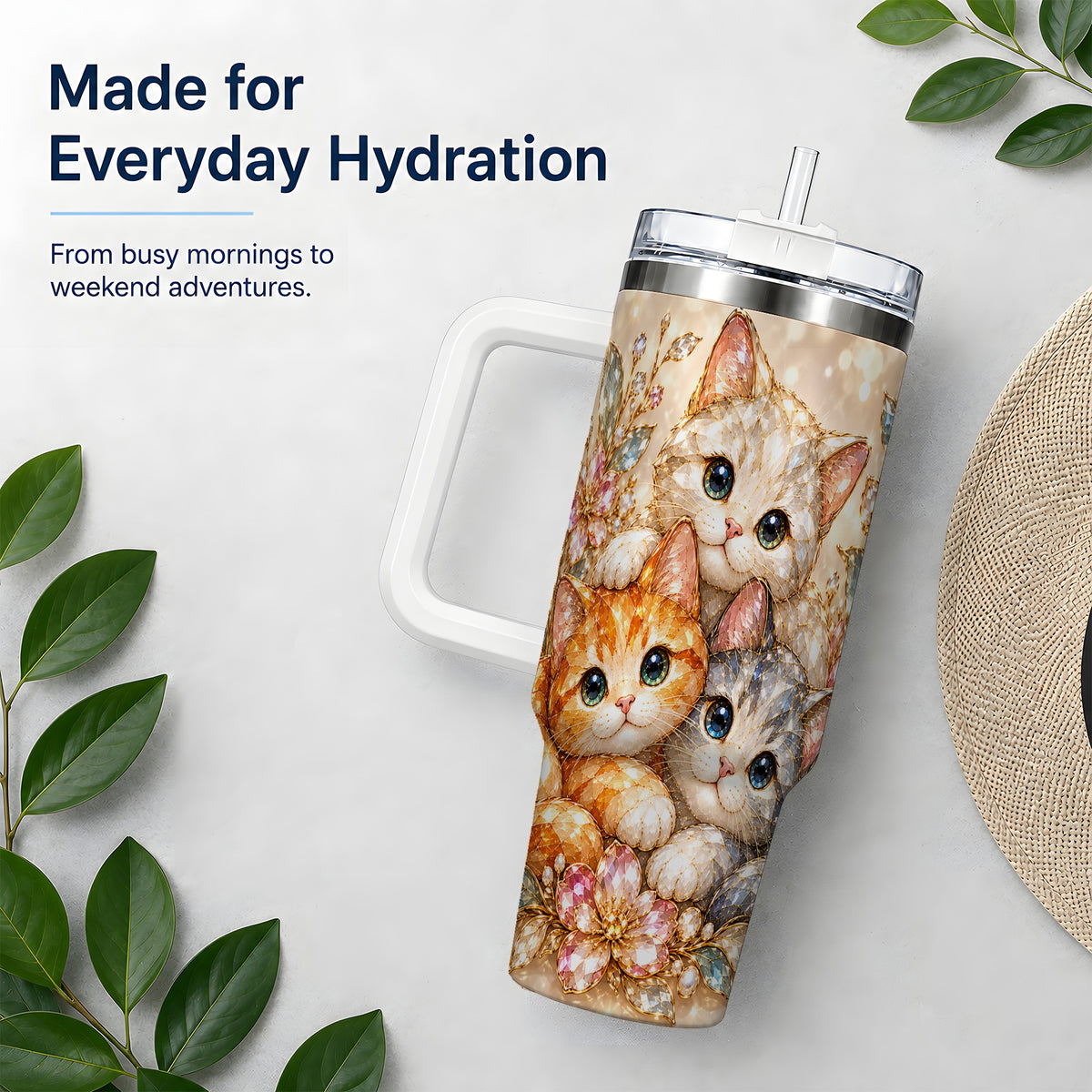 Faceted Cat Floral 40oz Tumbler, Large Decorative Drinkware for Cat Lovers