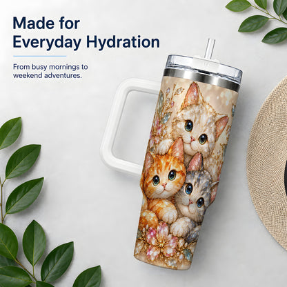 Faceted Cat Floral 40oz Tumbler, Large Decorative Drinkware for Cat Lovers
