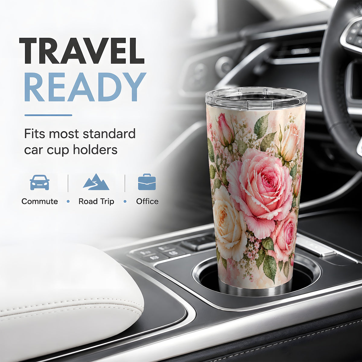Pink Rose Floral Tumbler, 20oz Tumbler with Soft Watercolor Artwork