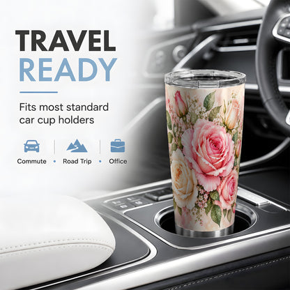 Pink Rose Floral Tumbler, 20oz Tumbler with Soft Watercolor Artwork