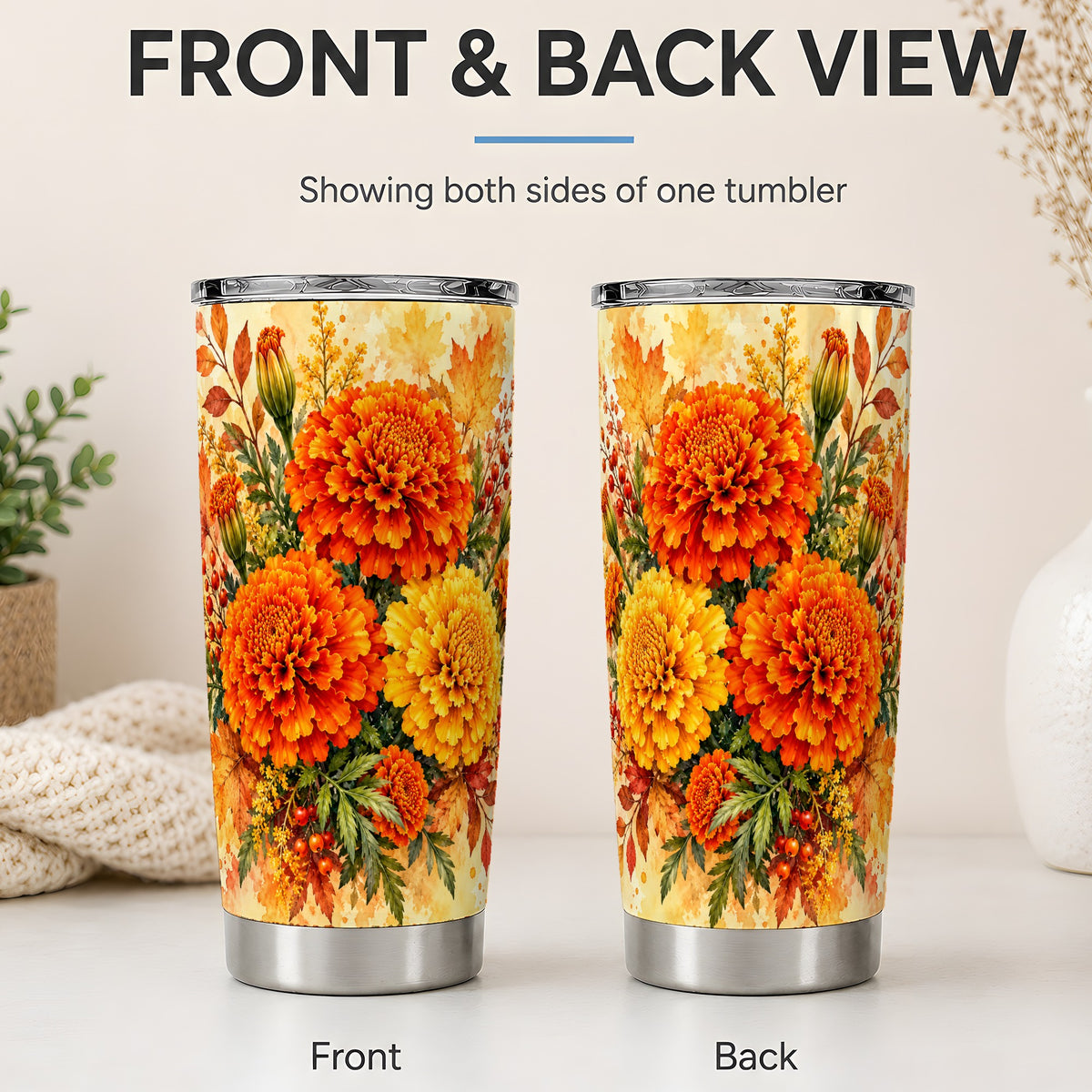 #pl[20oz|Steel] Autumn Marigold Tumbler, 20oz Tumbler with Fall Botanical Artwork