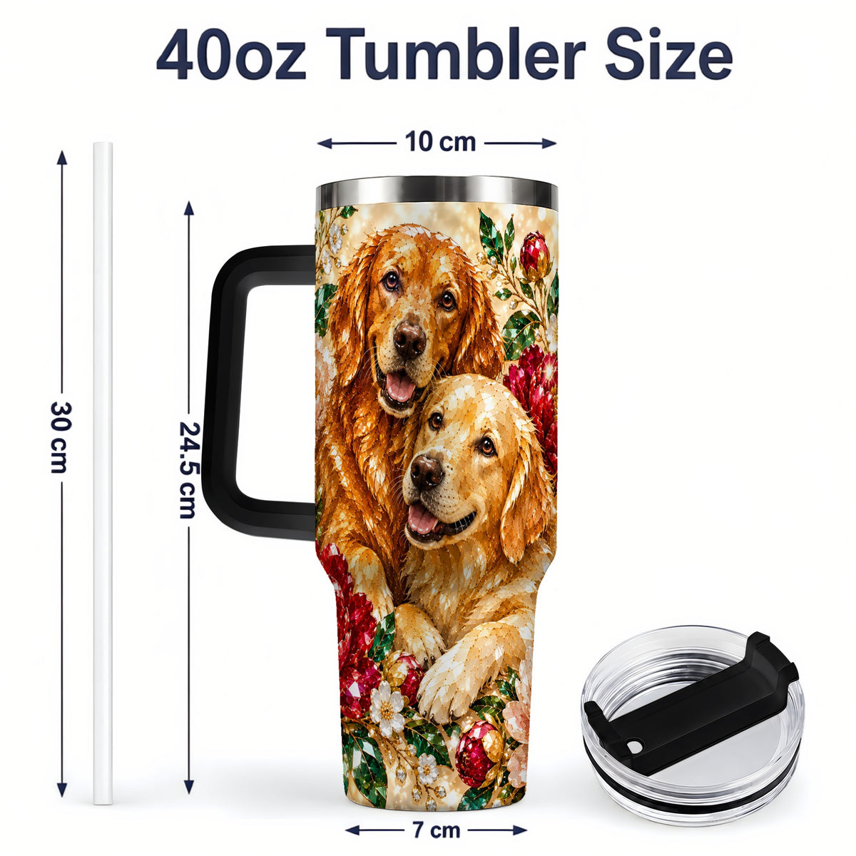 #pl[40oz|Black] Faceted Golden Retriever Floral 40oz Tumbler, Drinkware for Dog Lovers