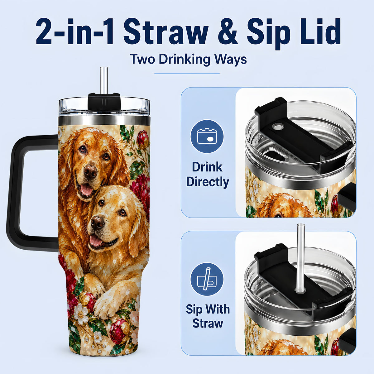 #pl[40oz|Black] Faceted Golden Retriever Floral 40oz Tumbler, Drinkware for Dog Lovers