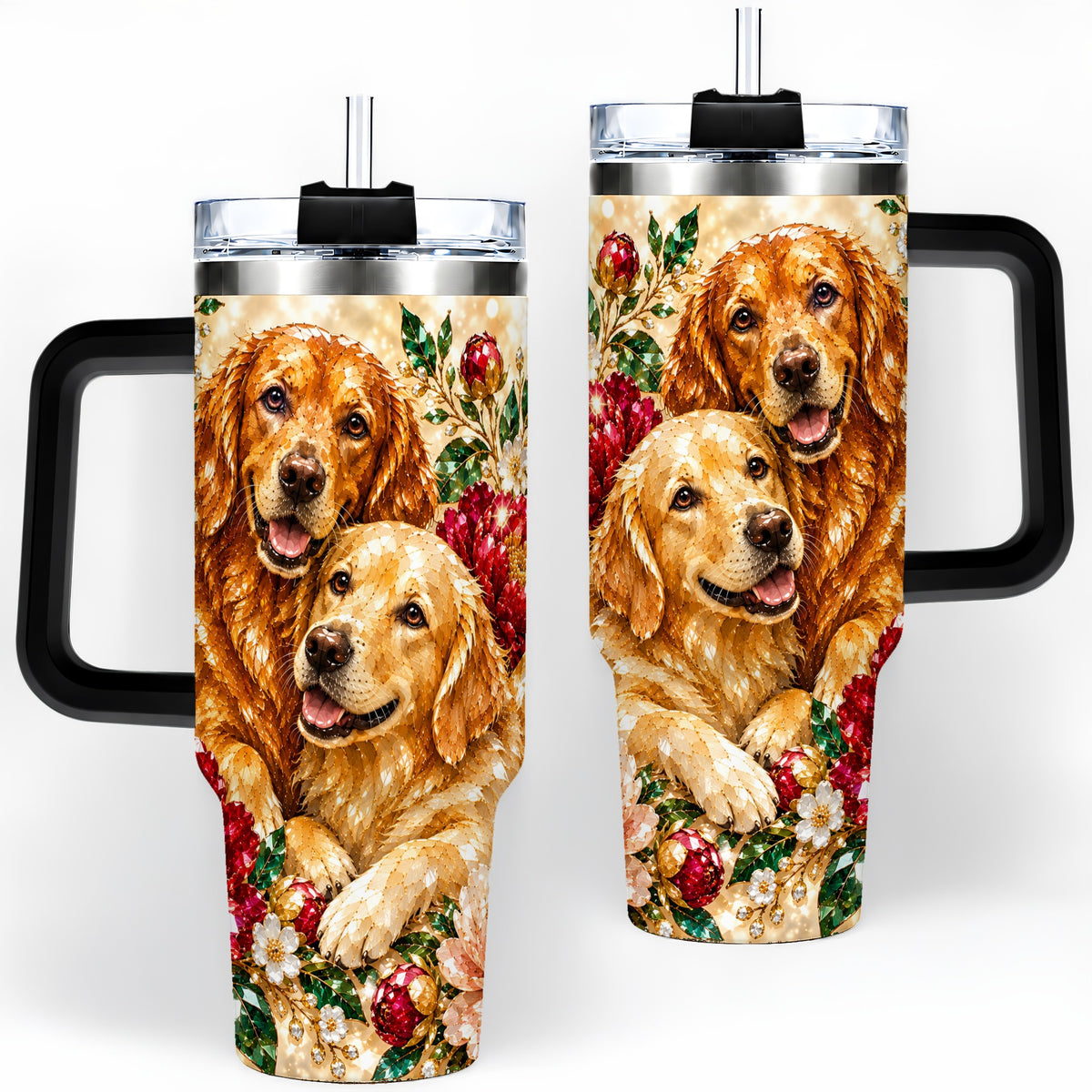 #pl[40oz|Black] Faceted Golden Retriever Floral 40oz Tumbler, Drinkware for Dog Lovers