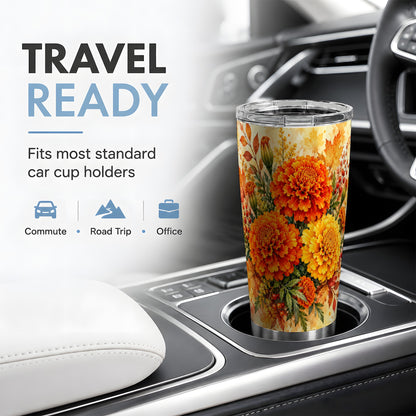 Autumn Marigold Tumbler, 20oz Tumbler with Fall Botanical Artwork