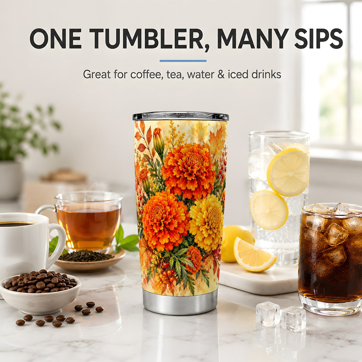 Autumn Marigold Tumbler, 20oz Tumbler with Fall Botanical Artwork