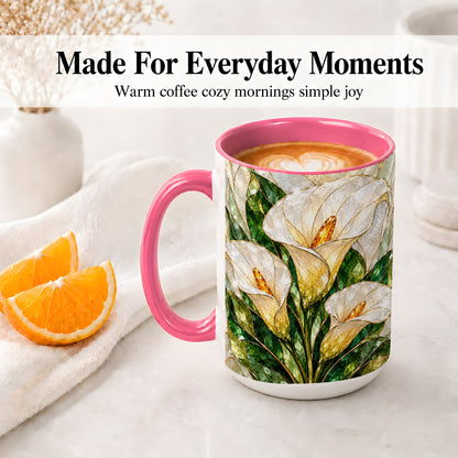 #pl[15oz|Pink] Calla Lily Floral Ceramic Mug, Stained Glass Style Botanical Art
