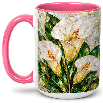 #pl[15oz|Pink] Calla Lily Floral Ceramic Mug, Stained Glass Style Botanical Art