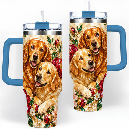 #pl[40oz|Blue] Faceted Golden Retriever Floral 40oz Tumbler, Drinkware for Dog Lovers