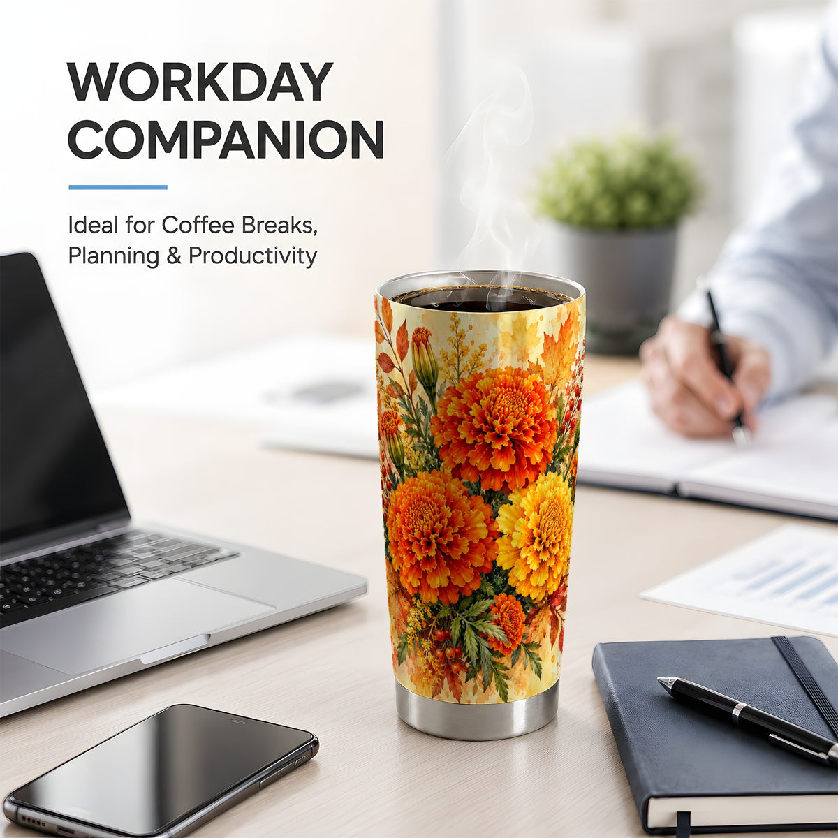 Autumn Marigold Tumbler, 20oz Tumbler with Fall Botanical Artwork