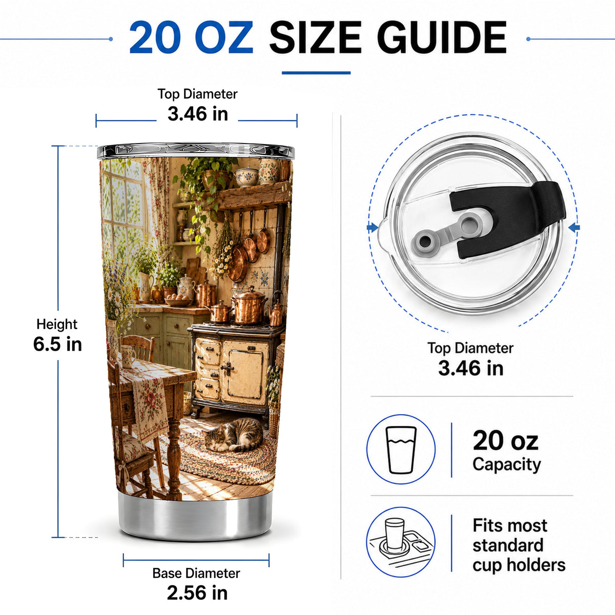 #pl[20oz|Steel] Cottage Cat Tumbler, 20oz Tumbler with Cozy Kitchen Scene Artwork