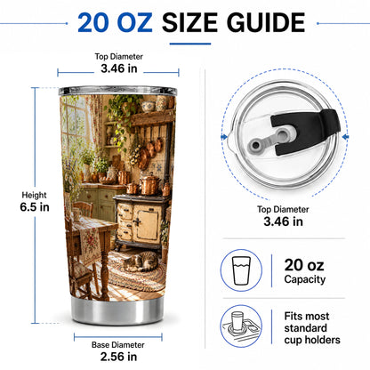 #pl[20oz|Steel] Cottage Cat Tumbler, 20oz Tumbler with Cozy Kitchen Scene Artwork