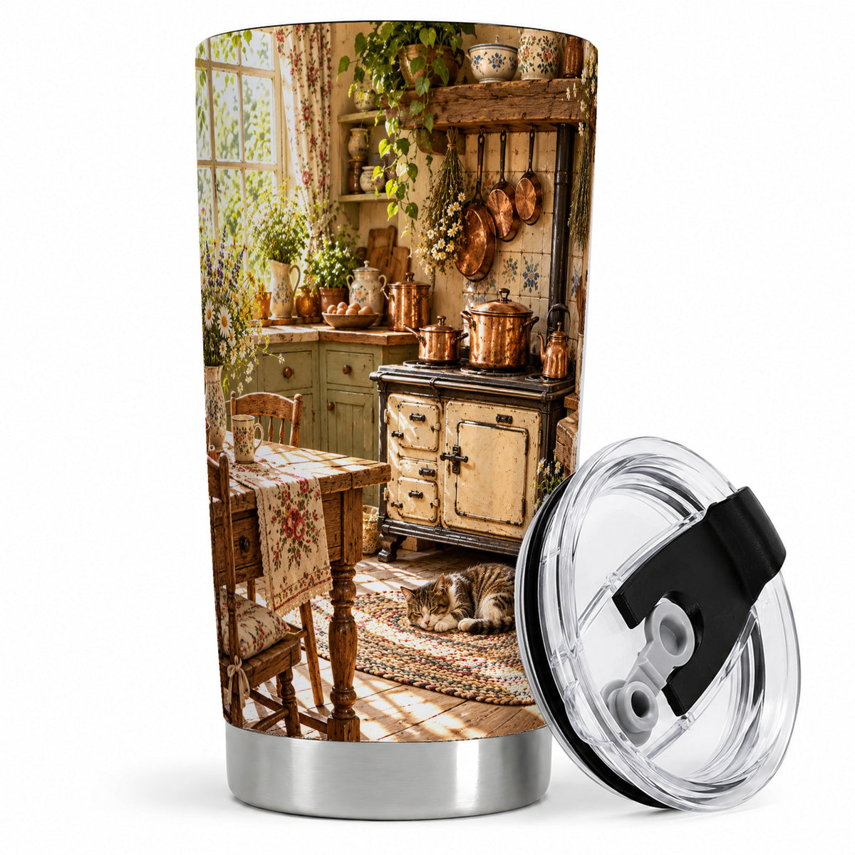 Cottage Cat Tumbler, 20oz Tumbler with Cozy Kitchen Scene Artwork