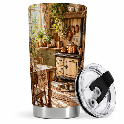 Cottage Cat Tumbler, 20oz Tumbler with Cozy Kitchen Scene Artwork