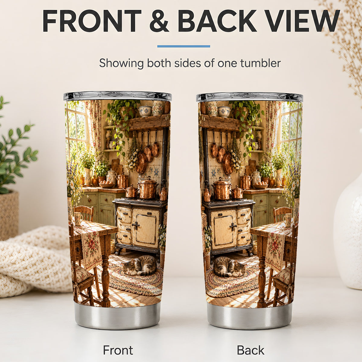 #pl[20oz|Steel] Cottage Cat Tumbler, 20oz Tumbler with Cozy Kitchen Scene Artwork