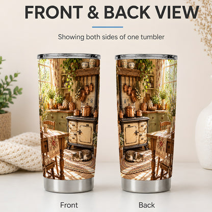 #pl[20oz|Steel] Cottage Cat Tumbler, 20oz Tumbler with Cozy Kitchen Scene Artwork