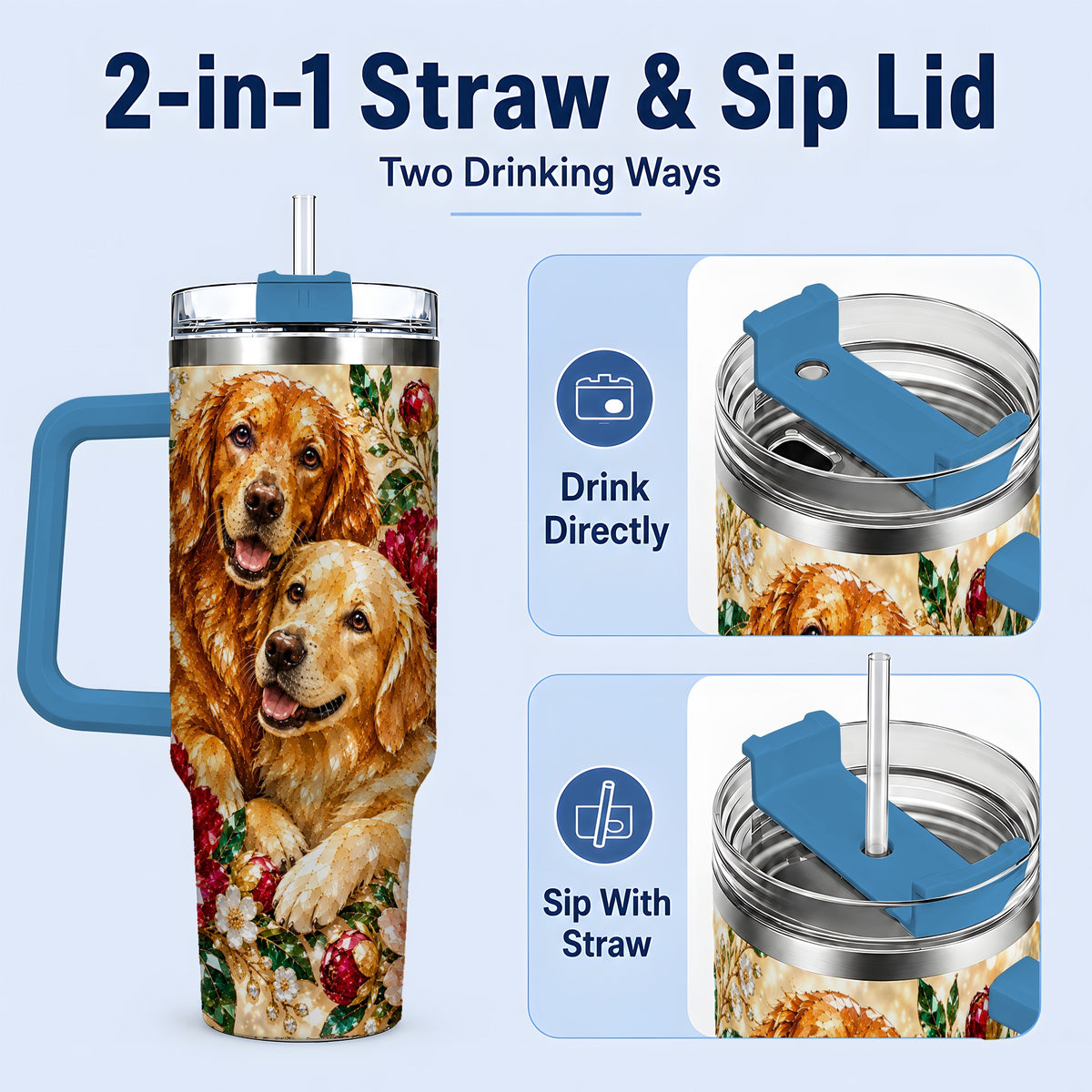 #pl[40oz|Blue] Faceted Golden Retriever Floral 40oz Tumbler, Drinkware for Dog Lovers
