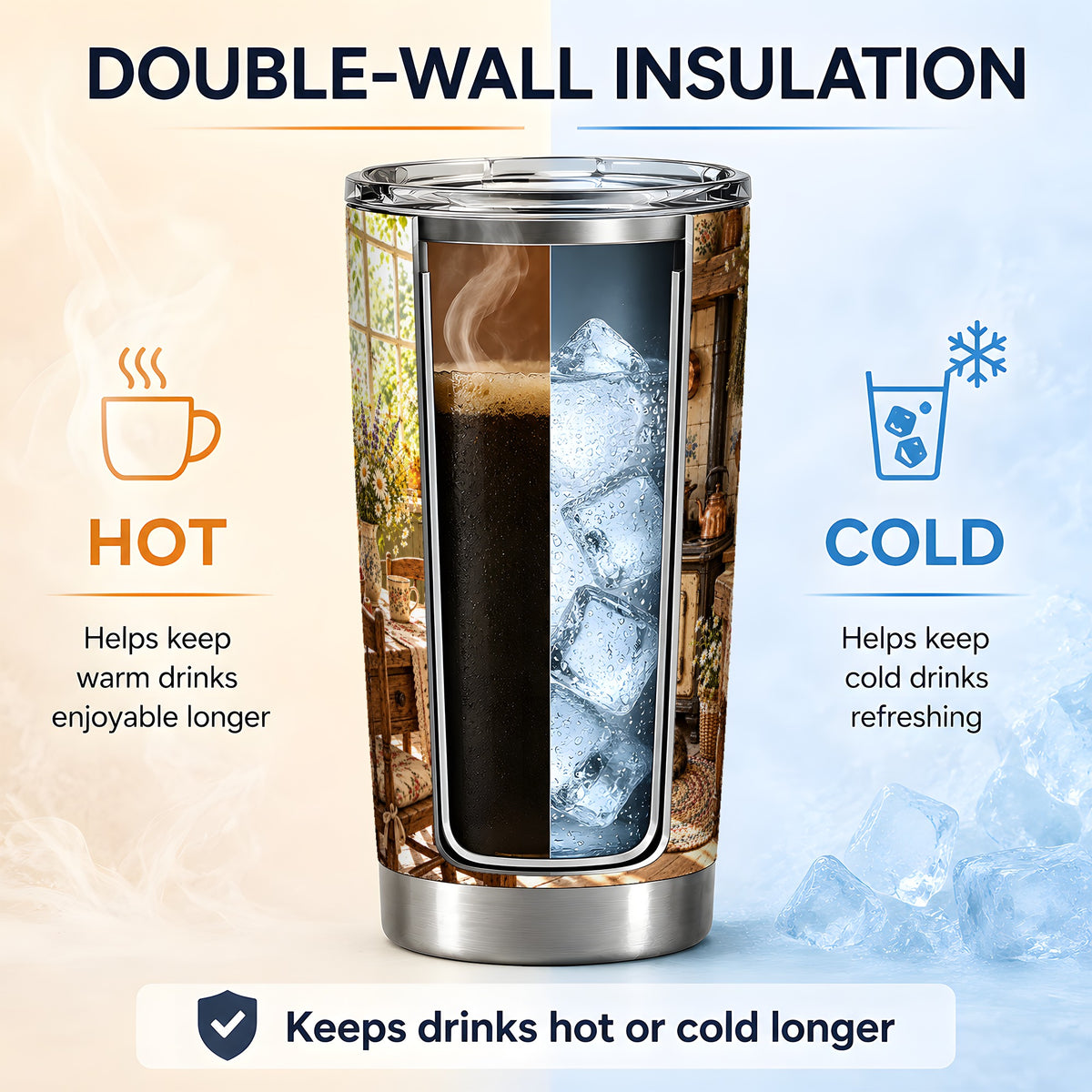 Cottage Cat Tumbler, 20oz Tumbler with Cozy Kitchen Scene Artwork