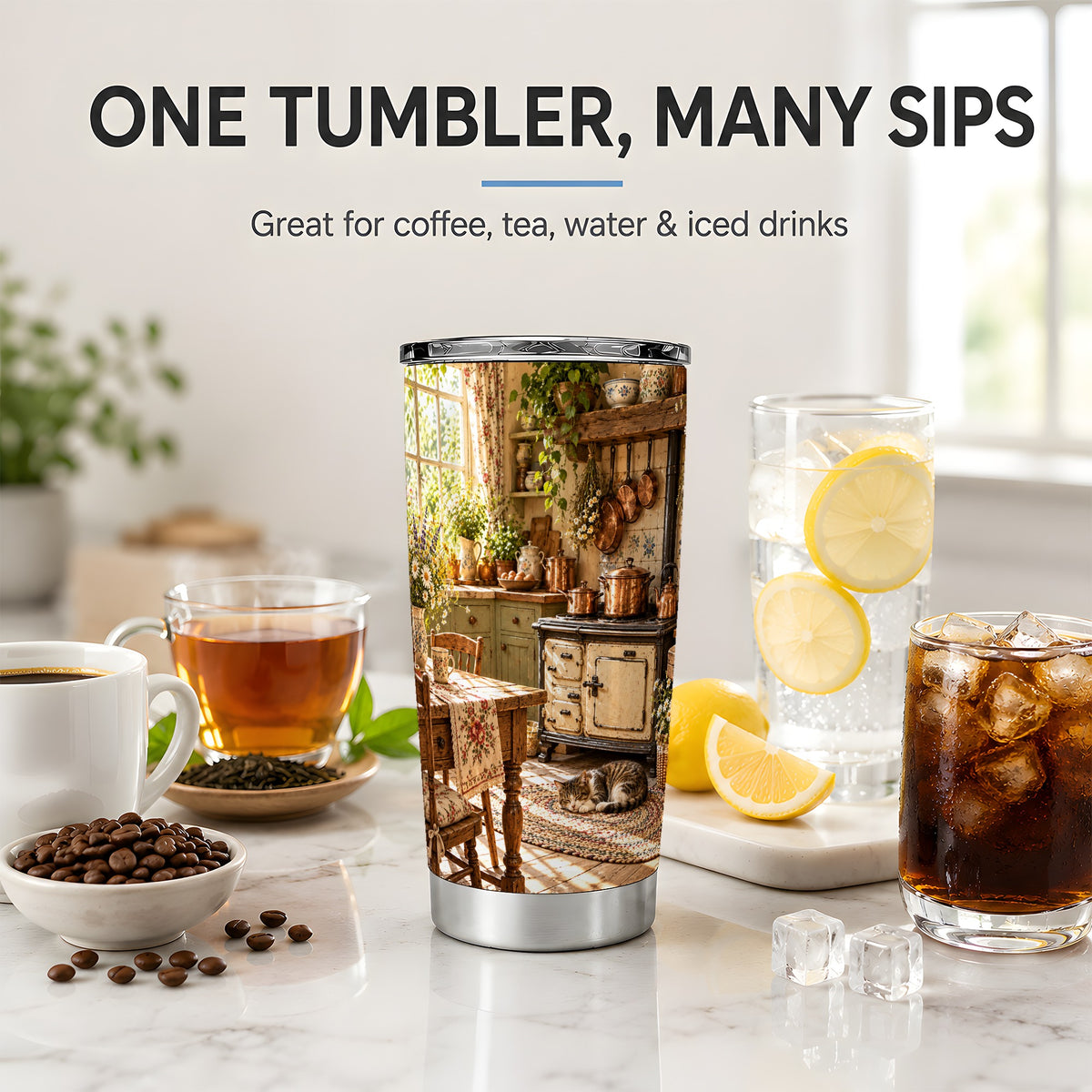 Cottage Cat Tumbler, 20oz Tumbler with Cozy Kitchen Scene Artwork