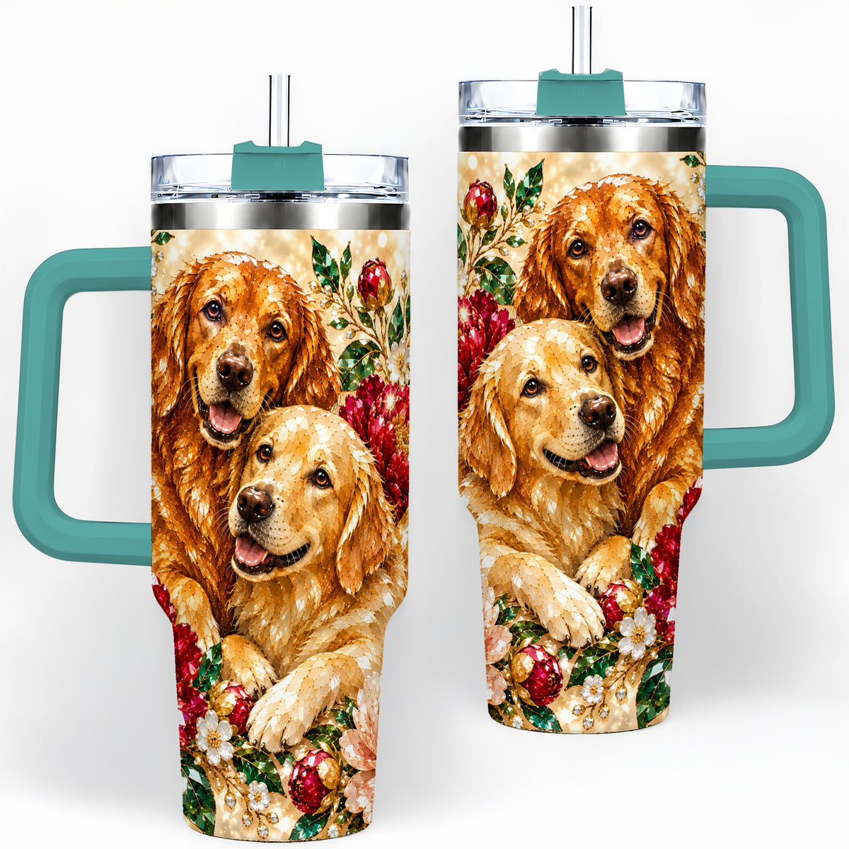 #pl[40oz|Green] Faceted Golden Retriever Floral 40oz Tumbler, Drinkware for Dog Lovers