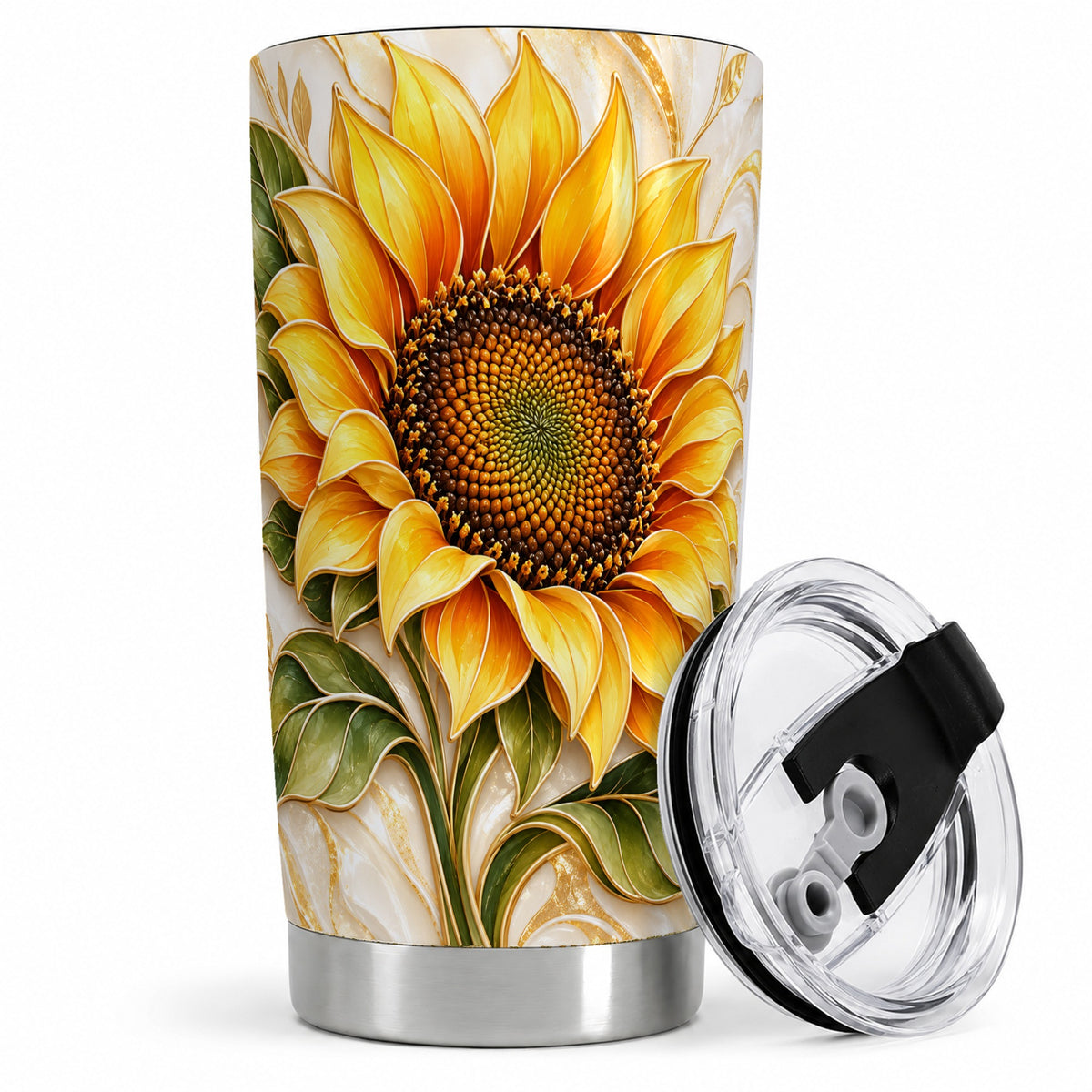 Golden Sunflower Tumbler, 20oz Tumbler with Gold Botanical Artwork