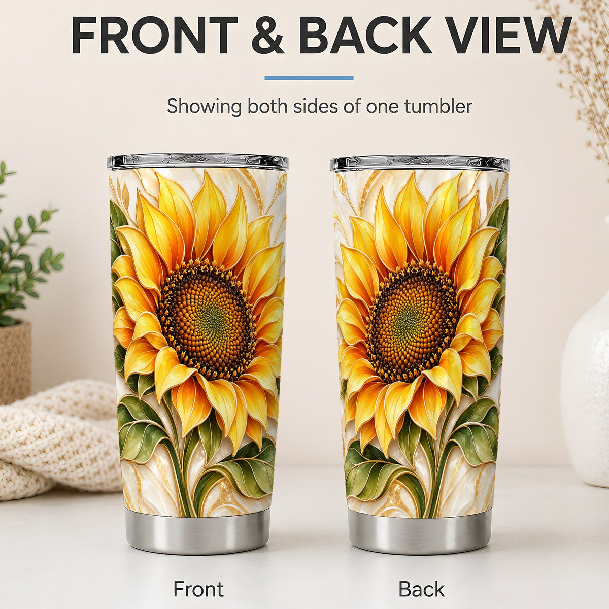 #pl[20oz|Steel] Golden Sunflower Tumbler, 20oz Tumbler with Gold Botanical Artwork