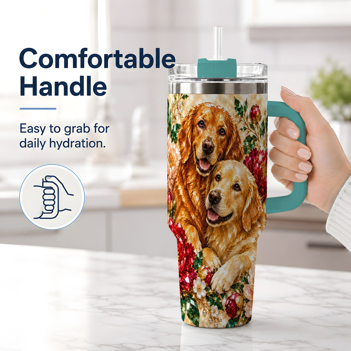 #pl[40oz|Green] Faceted Golden Retriever Floral 40oz Tumbler, Drinkware for Dog Lovers