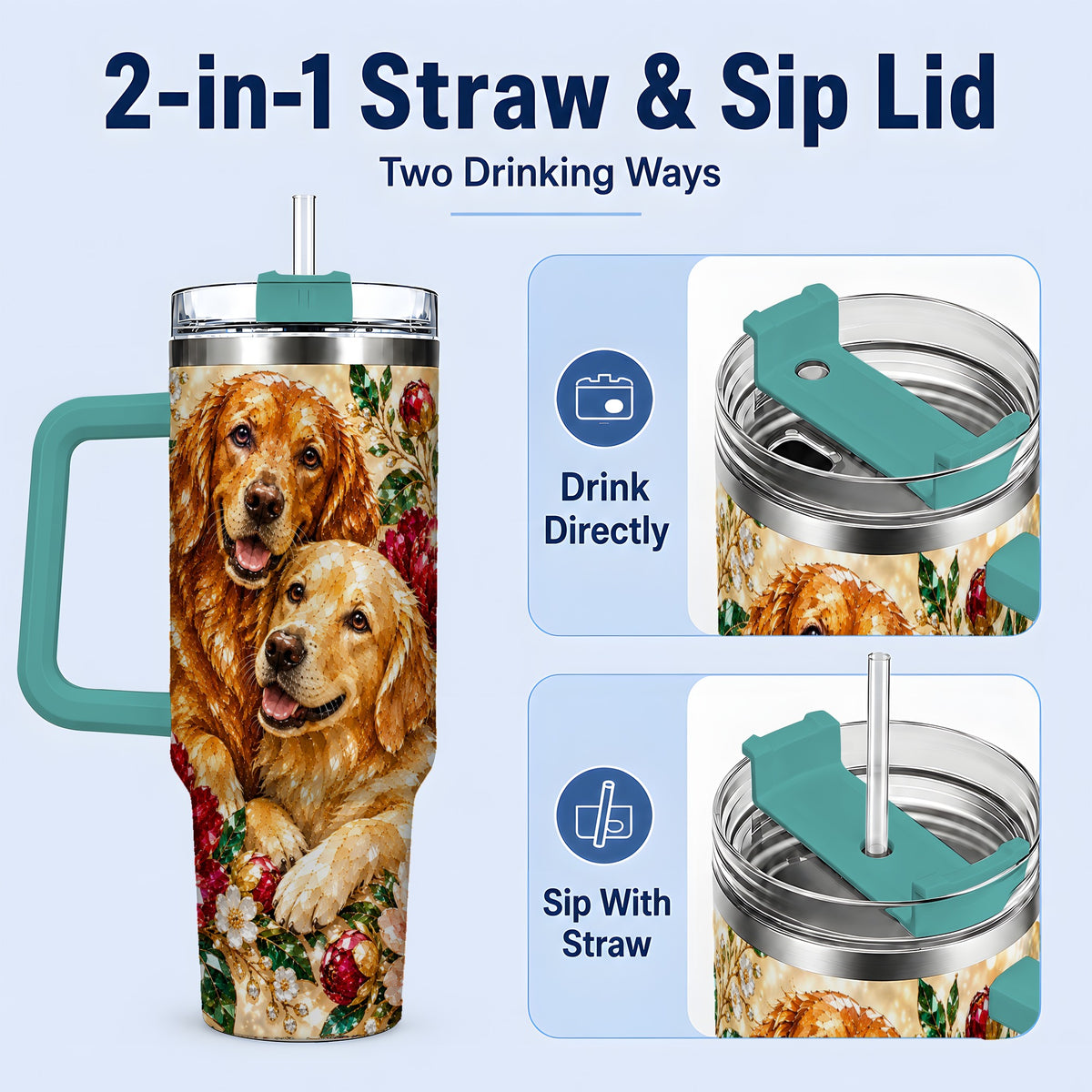 #pl[40oz|Green] Faceted Golden Retriever Floral 40oz Tumbler, Drinkware for Dog Lovers