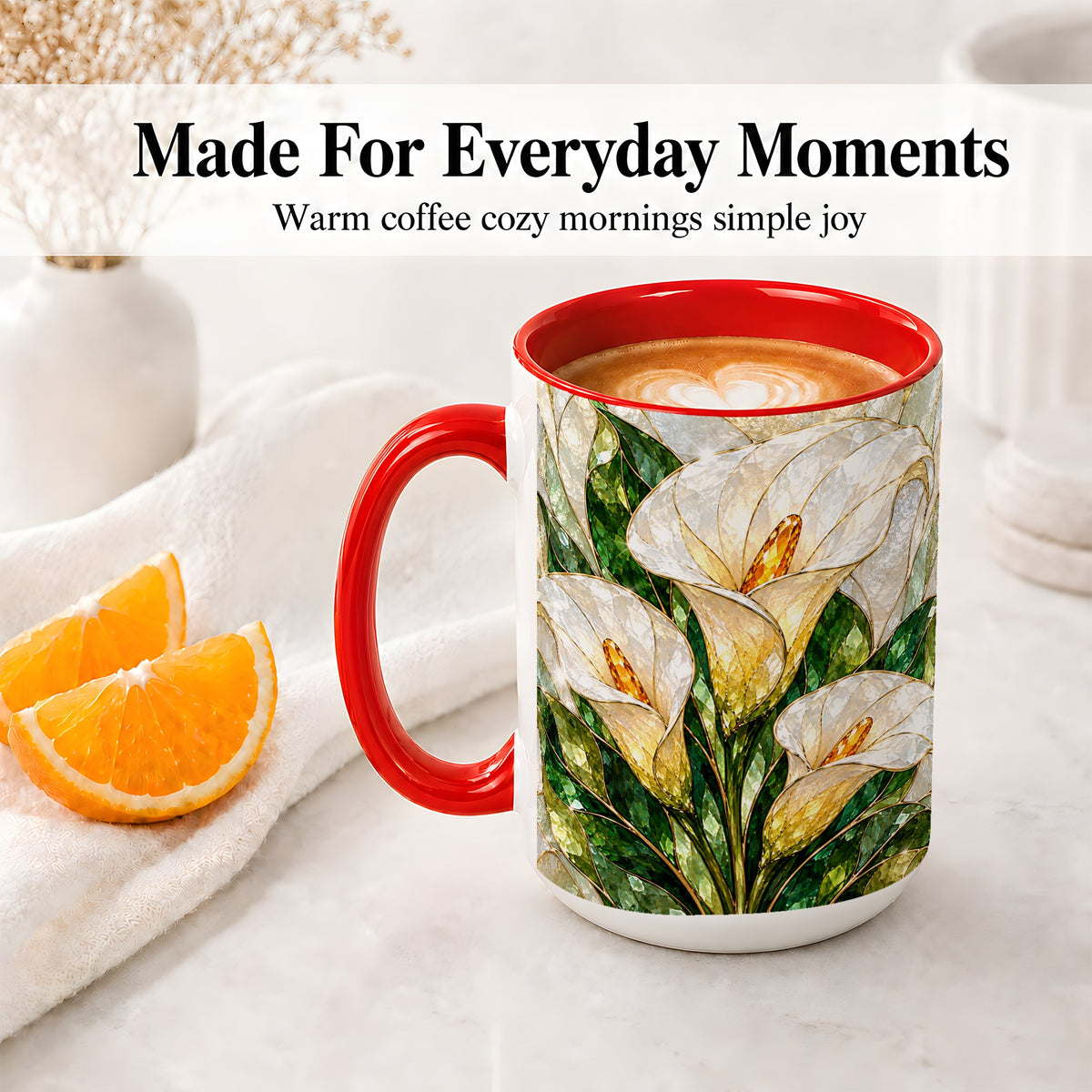 #pl[15oz|Red] Calla Lily Floral Ceramic Mug, Stained Glass Style Botanical Art