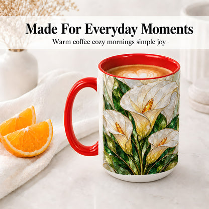 #pl[15oz|Red] Calla Lily Floral Ceramic Mug, Stained Glass Style Botanical Art