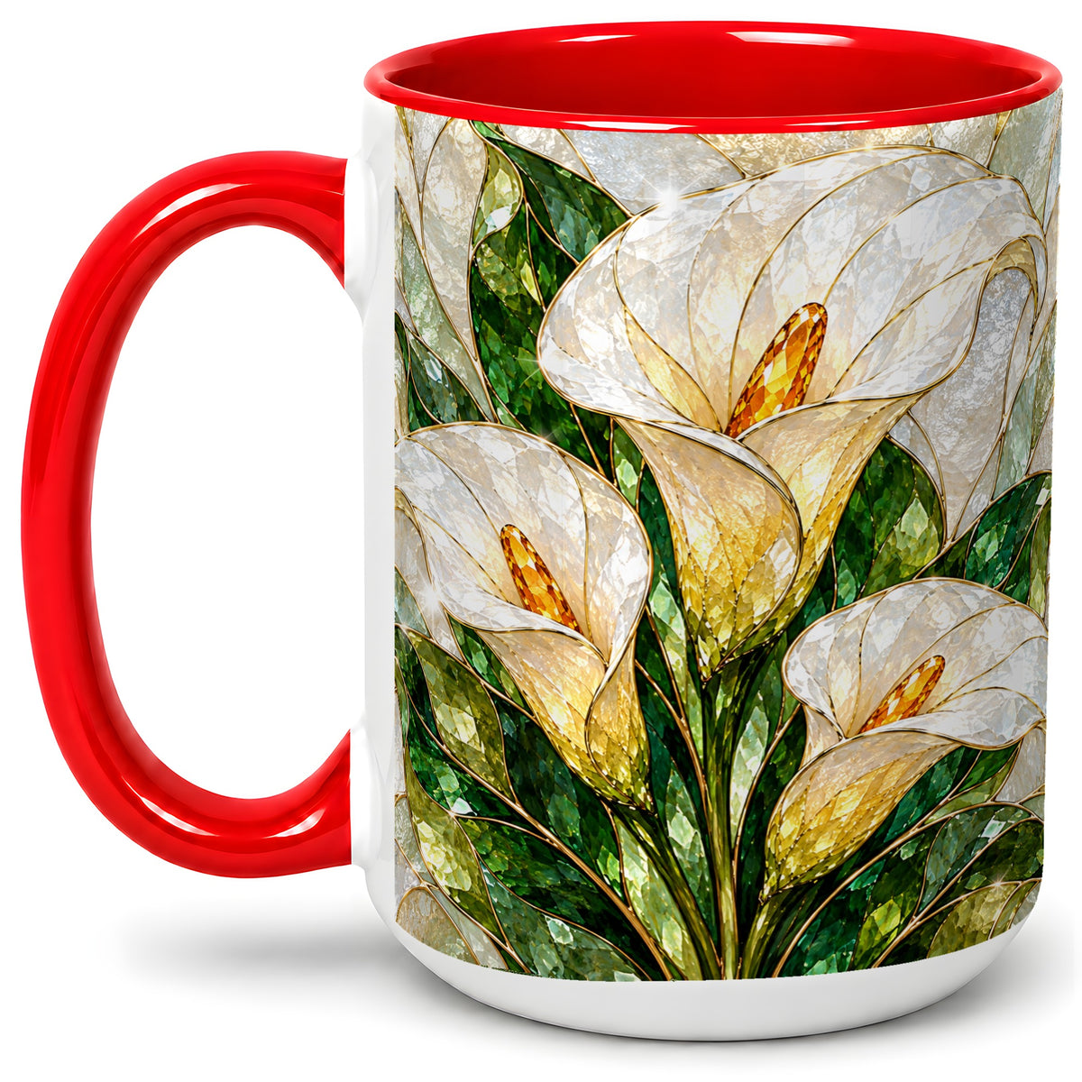 #pl[15oz|Red] Calla Lily Floral Ceramic Mug, Stained Glass Style Botanical Art