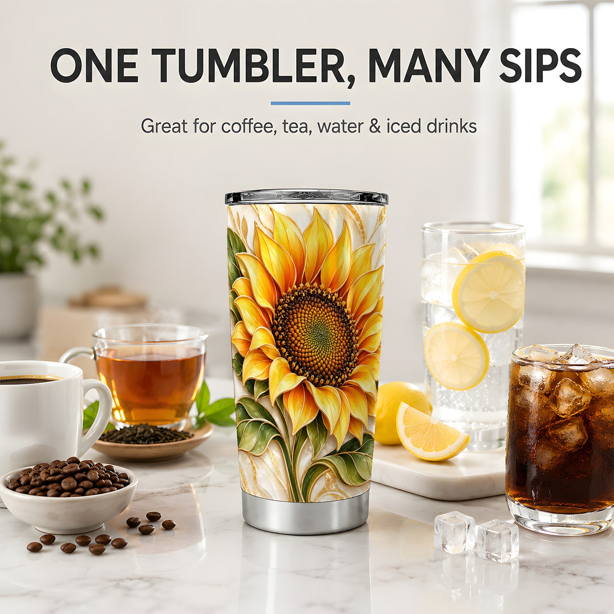 Golden Sunflower Tumbler, 20oz Tumbler with Gold Botanical Artwork