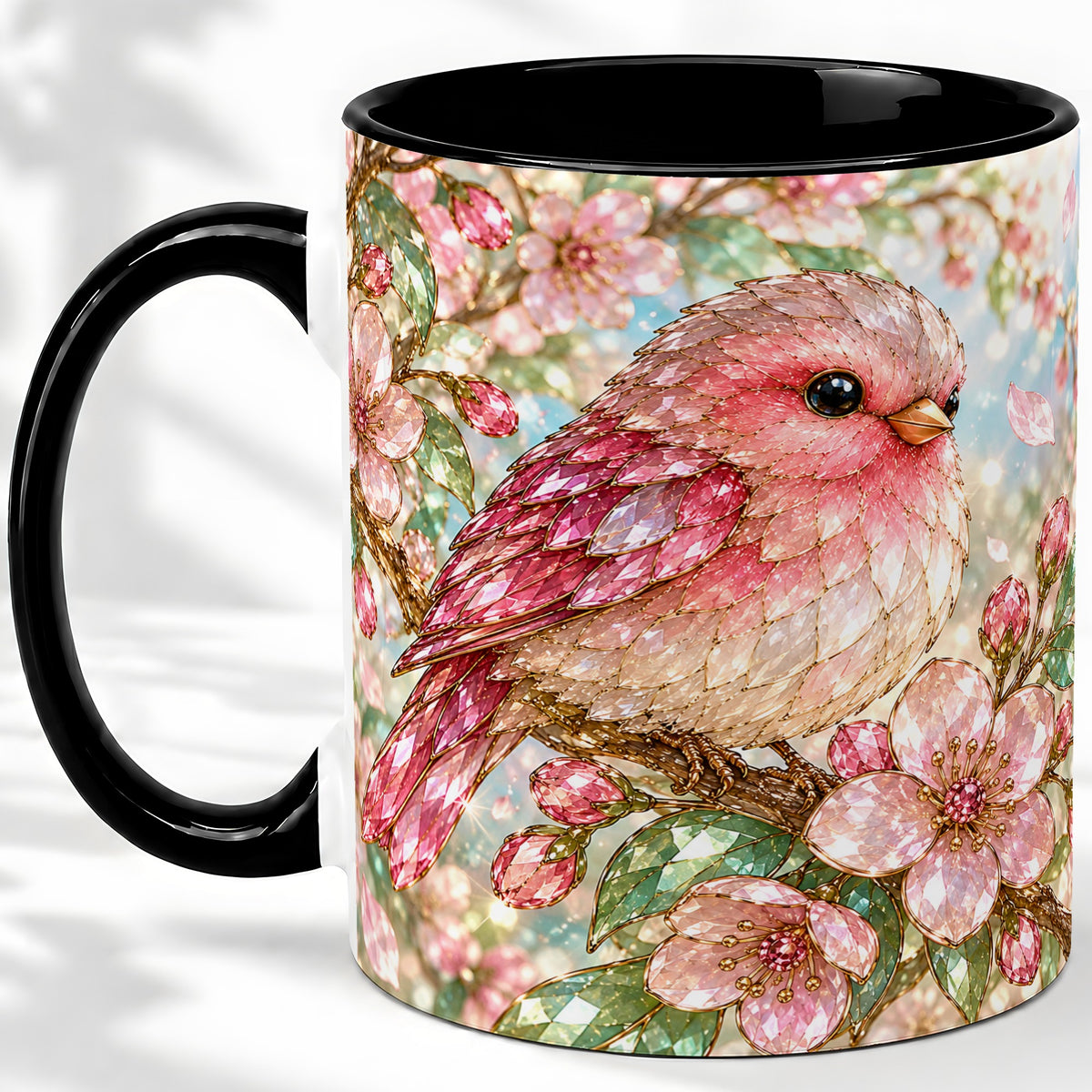 #pl[11oz|Black] Pink Bird Blossom Ceramic Mug, Faceted Floral Artwork for Bird Lovers