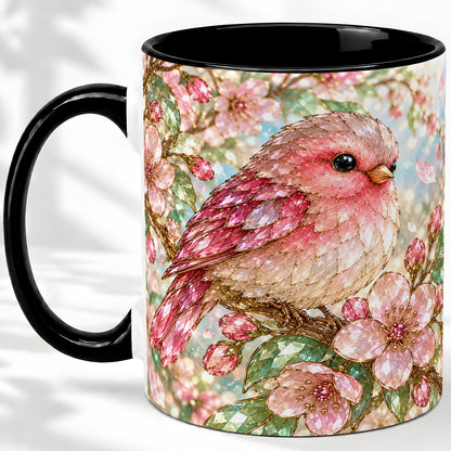#pl[11oz|Black] Pink Bird Blossom Ceramic Mug, Faceted Floral Artwork for Bird Lovers