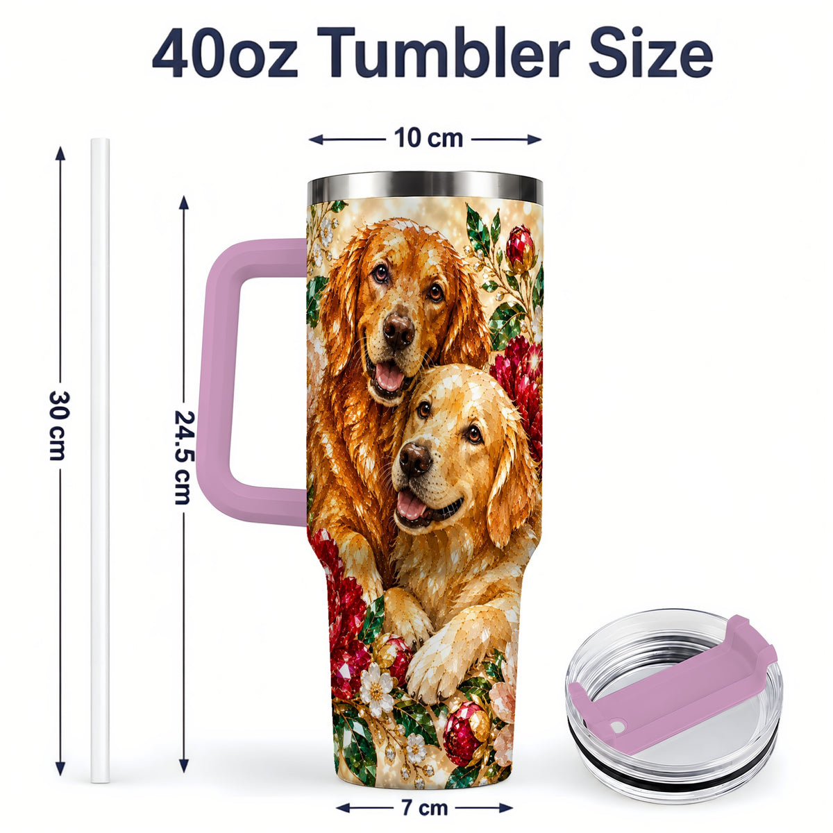 #pl[40oz|Pink] Faceted Golden Retriever Floral 40oz Tumbler, Drinkware for Dog Lovers