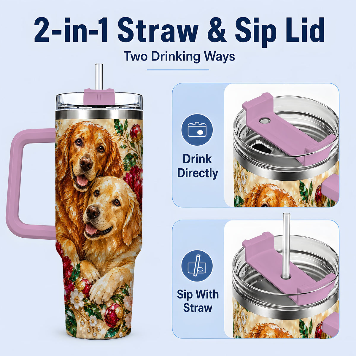 #pl[40oz|Pink] Faceted Golden Retriever Floral 40oz Tumbler, Drinkware for Dog Lovers