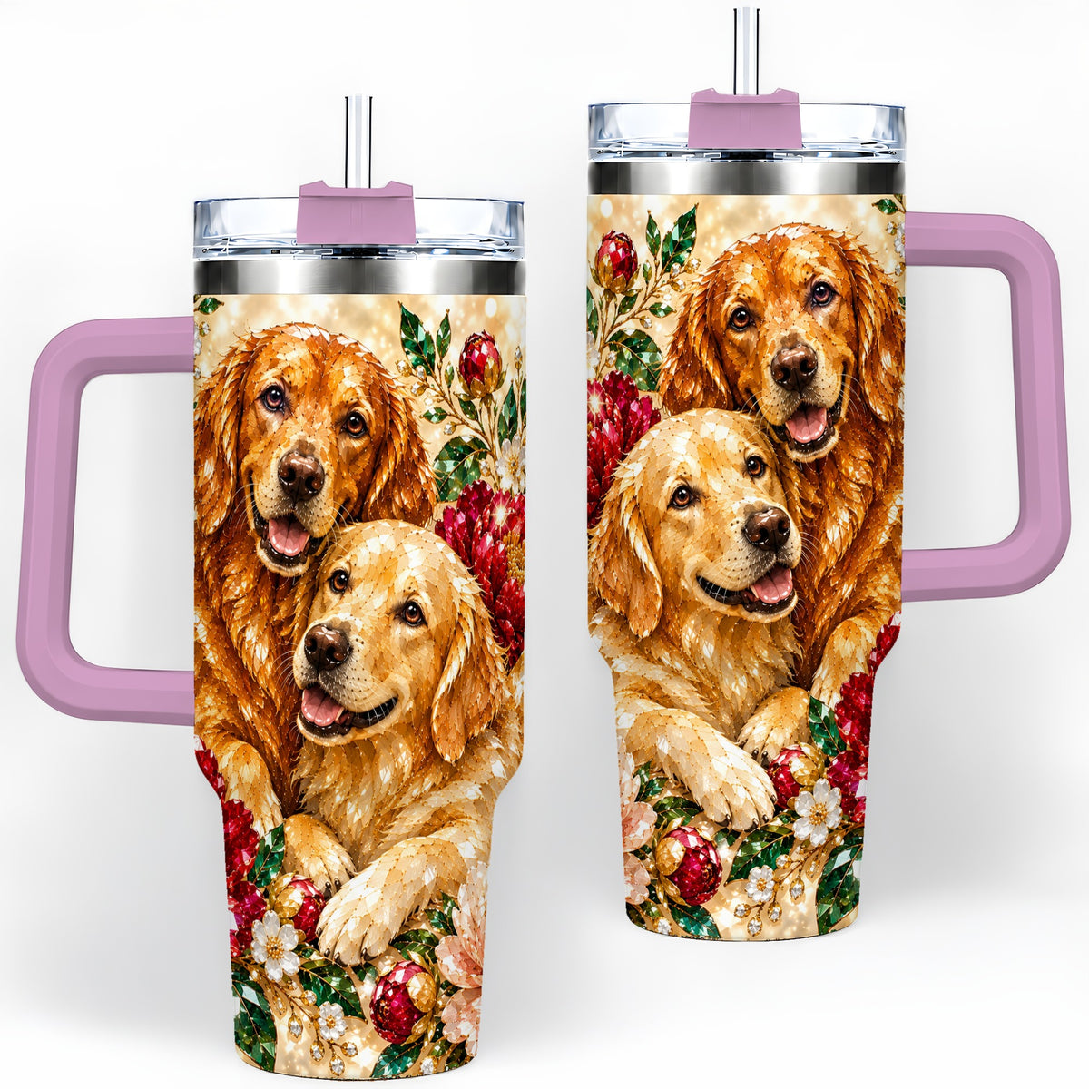 #pl[40oz|Pink] Faceted Golden Retriever Floral 40oz Tumbler, Drinkware for Dog Lovers