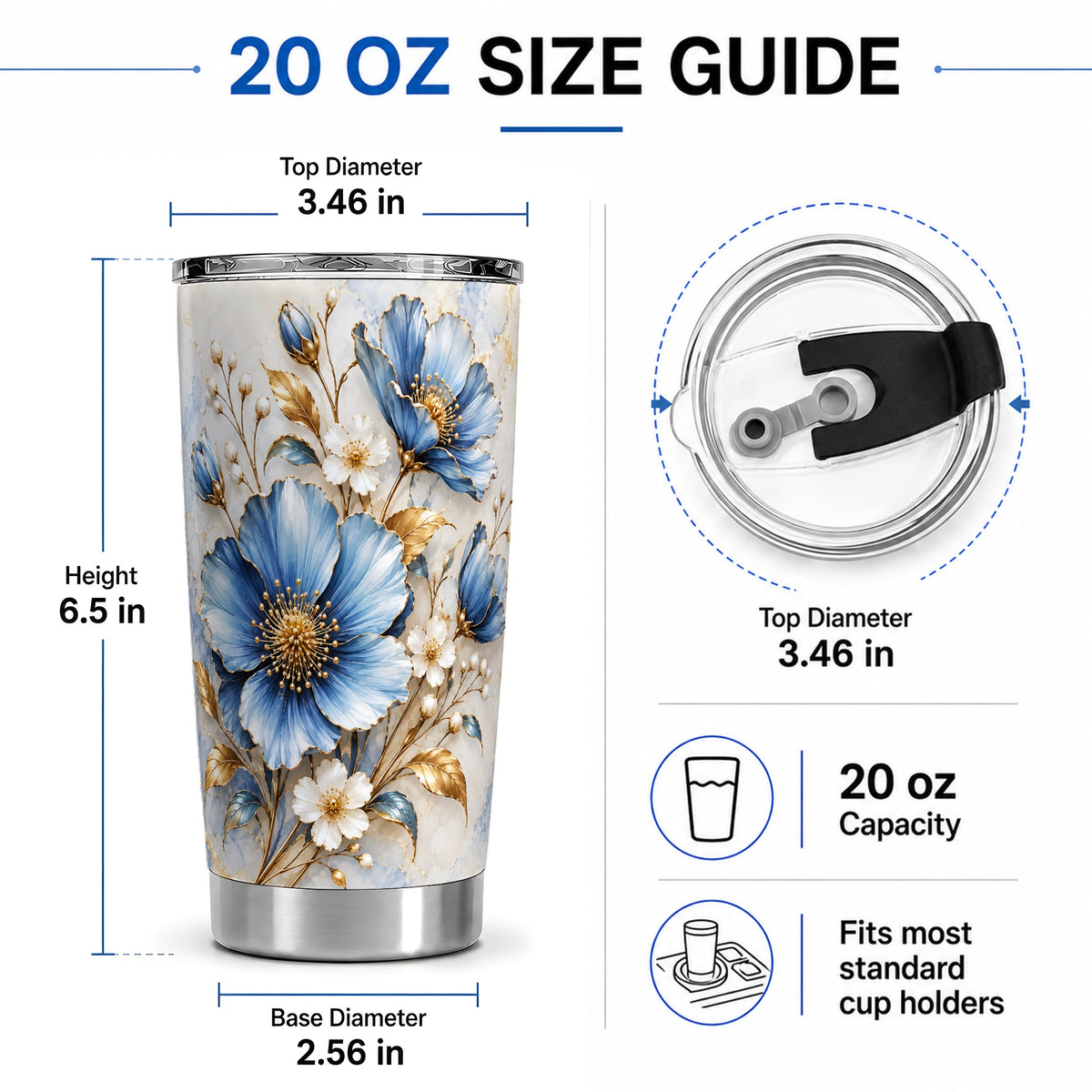 #pl[20oz|Steel] Blue Floral Tumbler, 20oz Tumbler with Gold Accent Botanical Artwork