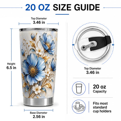 #pl[20oz|Steel] Blue Floral Tumbler, 20oz Tumbler with Gold Accent Botanical Artwork