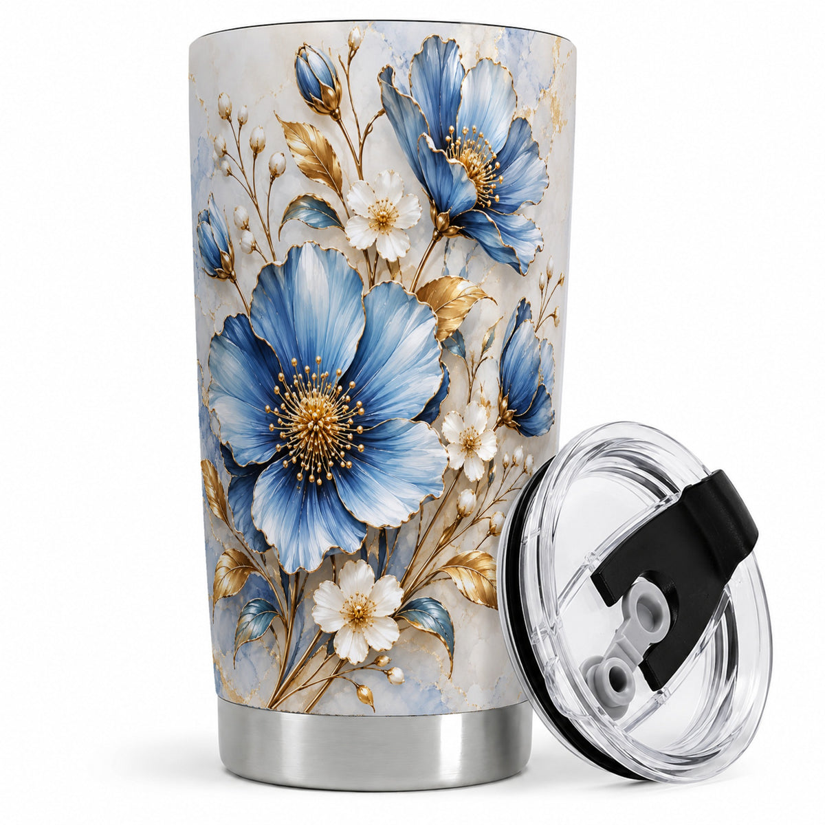 Blue Floral Tumbler, 20oz Tumbler with Gold Accent Botanical Artwork