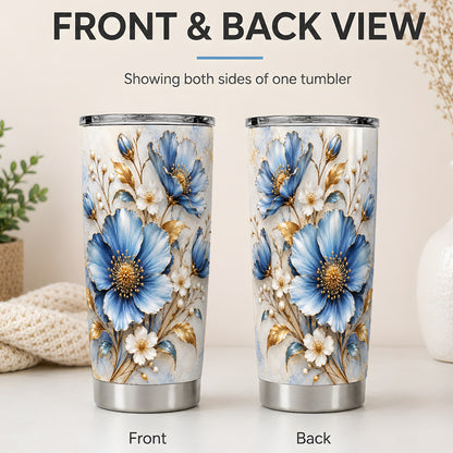 #pl[20oz|Steel] Blue Floral Tumbler, 20oz Tumbler with Gold Accent Botanical Artwork
