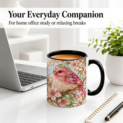 #pl[11oz|Black] Pink Bird Blossom Ceramic Mug, Faceted Floral Artwork for Bird Lovers