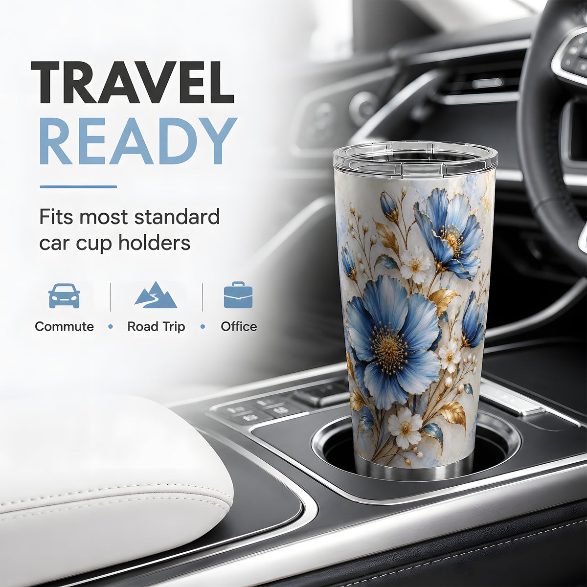Blue Floral Tumbler, 20oz Tumbler with Gold Accent Botanical Artwork