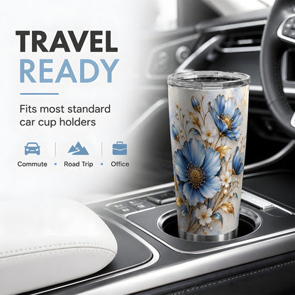 Blue Floral Tumbler, 20oz Tumbler with Gold Accent Botanical Artwork