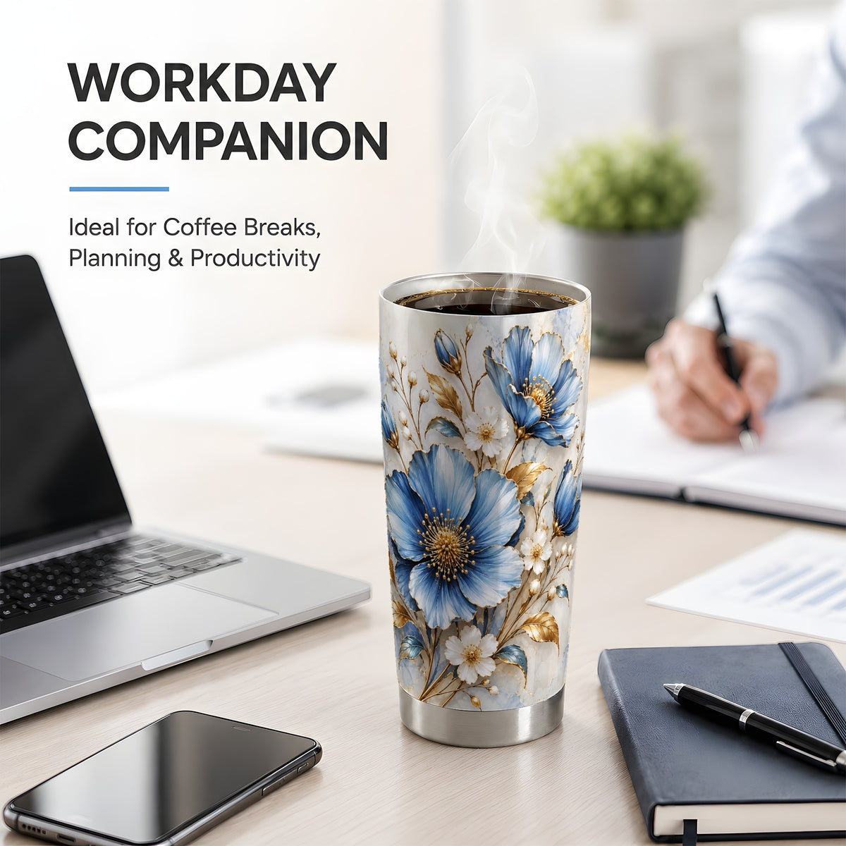 Blue Floral Tumbler, 20oz Tumbler with Gold Accent Botanical Artwork