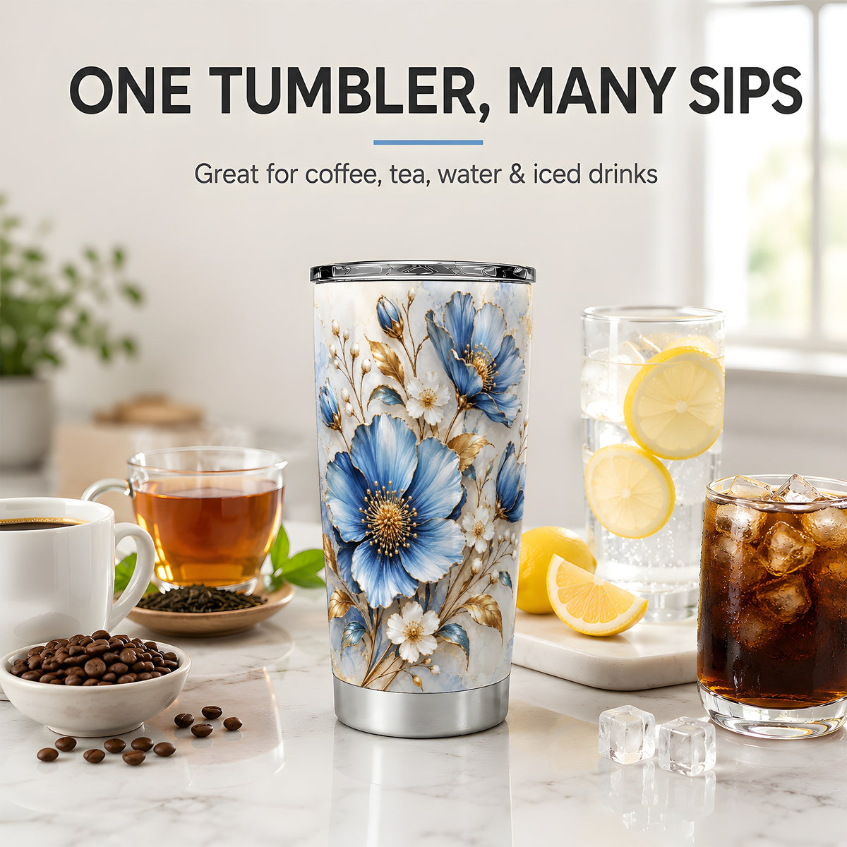 Blue Floral Tumbler, 20oz Tumbler with Gold Accent Botanical Artwork